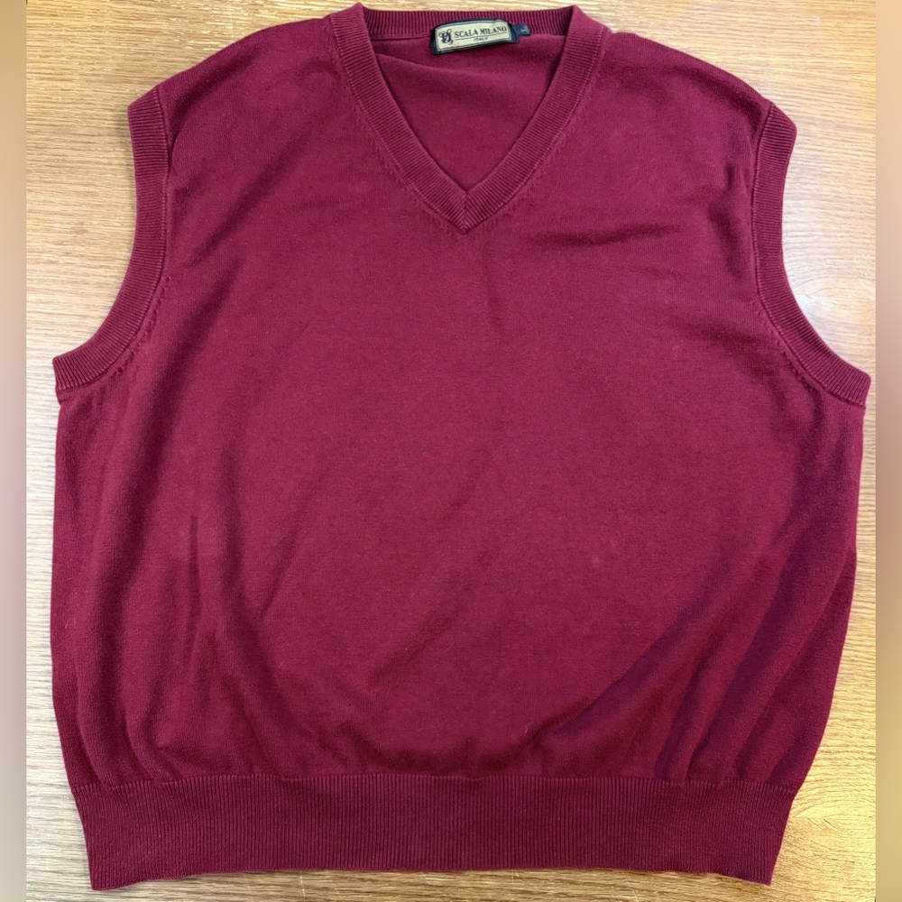 Scala Milano Sweater Vest Mens Large Solid Red Burgundy Cotton Outdoor Golf